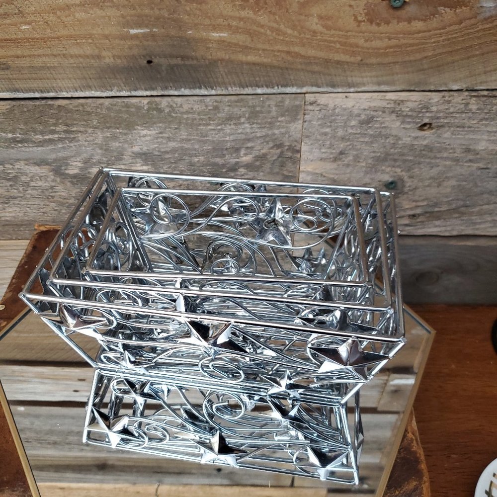 Trio of Shiny Silver Nesting Baskets - Texas Star - Scroll - Metal
